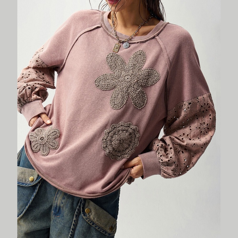 Mauve Crochet Floral Applique Eyelet Lace Sleeve Oversized Sweatshirt - Picture 4 of 8
